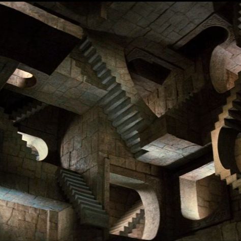 Labyrinth 1986 Aesthetic, Battle Of The Labyrinth Aesthetic, Labyrinth Stairs, Penrose Staircase, Labyrinth Collage, The Labyrinth Aesthetic, Greek Labyrinth, Fantasy Labyrinth, Labyrinth Aesthetic