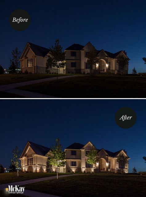 Exterior Home Lighting Before + After. More home lighting ideas in our gallery. Exterior Home Lighting, Front Yard Lighting, Outside Lighting Ideas, Exterior House Lights, Gardening Pictures, Home Lighting Ideas, House Lighting Outdoor, Exterior Lighting Design, Outdoor Lighting Ideas