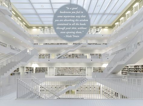 We've collected some of the wonderful #library #quotes designed by Daniel Dalton / here: Mark Twain quote visualized in Stuttgart City Library Stuttgart City Library, Stuttgart Library, Wonderful Quotes, Library Pictures, Beautiful Library, Library Architecture, City Library, Modern Library, Yangzhou