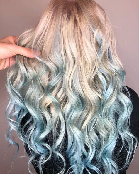 Fun Color Ideas For Blondes, Platinum Blonde With Blue Highlights, Blonde Hair Dip Dyed, Platinum Blonde Hair With Blue Tips, Blonde With Light Blue Highlights, Blue Tips Hair Blonde, Blond With Blue Highlights, Blue Balayage Blonde, Blue And Blonde Hair Peekaboo Highlights