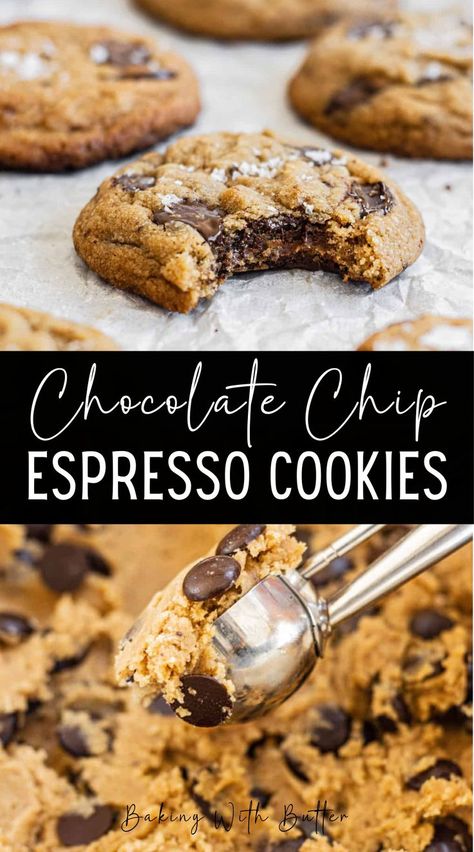 Soft and chewy, these chocolate chip espresso cookies are delicious with rich coffee flavor, toasted browned butter, and plenty of chocolate chunks. Chocolate Chip Expresso Cookies, Chocolate Chip Espresso Cookies, Expresso Cookie, Espresso Chocolate Chip Cookies, Chocolate Espresso Cookies, Coffee Cookies Recipe, Espresso Cookies, Mini Eggs Cookies, Egg Free Cookies