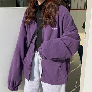 Buy Iduna Lettering Embroidered Fleece Zip Jacket at YesStyle.com! Quality products at remarkable prices. FREE Worldwide Shipping available! Estilo Harajuku, Harajuku Hoodie, Velvet Sweatshirt, Harajuku Women, Fluffy Jacket, Cozy Coats, Street Sweatshirt, Outwear Women, Thrift Finds