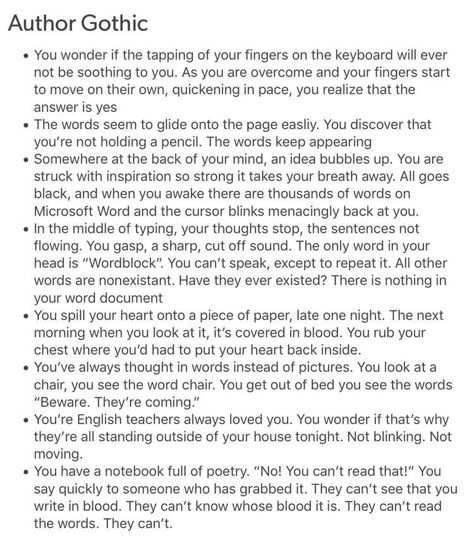 you're? English teachers? ironic Different Types Of Horror, Gothic Story Ideas, Gothic Story Prompts, Gothic Prompts, Story Setting Ideas, Gothic Writing Prompts, Regional Gothic, Gothic Writing, Gothic Stories