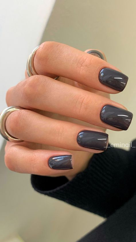 Trending Nails Colors 2023, Short Dark Grey Nails, Short Dark Fall Nails, Slate Gray Nails, Fall Mani Pedi Combos 2023, Grey Brown Nails, September Dip Nails, Dark Neutral Nails, Plain Winter Nails