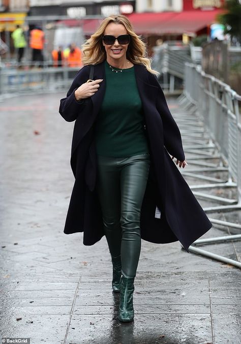 Be seen in green like Amanda in faux leather leggings from Zara #DailyMail Hunter Green Leather Pants Outfit, Dark Green Leather Pants Outfit, Green Faux Leather Pants Outfit, Green Leather Outfit, Chic Green Leather Pants For Work, Green Leather Pants Outfit, Green Faux Leather Pants For Night Out, Faux Green Leather Leggings, Forest Green Leather Leggings