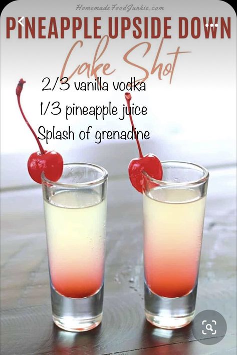 Pineapple Upside Down Shot, Pineapple Upside Down Cake Shot, Shots Alcohol Recipes, Cake Shot, Pineapple Upside Down Cake Recipe, Upside Down Cake Recipe, Cake Shots, Cocktail Drinks Alcoholic, Shots Alcohol