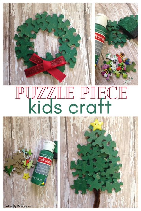 Puzzle piece Christmas craft for kids - A Thrifty Mom - Recipes, Crafts, DIY and more Christmas Craft Fundraiser Ideas, Puzzle Piece Diy Crafts, Puzzle Piece Ornaments Kids, Crafts For Mom Christmas, Puzzle Crafts Wall Art, Christmas Craft Ideas For Seniors, Puzzle Piece Christmas Crafts, Kids Christmas Arts And Crafts, Crafts From Puzzle Pieces