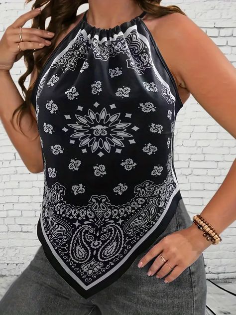 Sleeveless Halter Neck Casual Top - Temu Bandana Print Outfit, Outfit Plus Size, Floral Embroidered Top, Paisley Top, Halter Tops, Plus Size Tank Tops, Embellished Top, Halter Neck Top, Stylish Plus