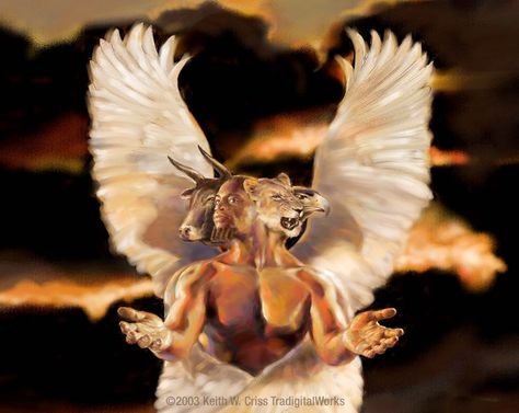 And every one had four faces: the first face was the face of a cherub, and the second face was the face of a man, and the third the face of a lion, and the fourth the face of an eagle.” – Ezekiel 10:14 Types Of Angels, Prophetic Art, Daily Bible Reading, Book Of Revelation, Biblical Art, Armor Of God, Guardian Angels, Spiritual Warfare, Angel Art