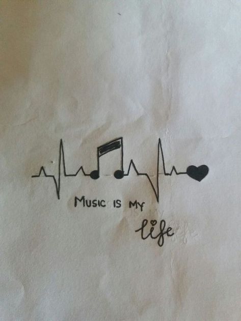 Music Is My Life Drawing, Music Is My Life Tattoo, I Love Music Tattoo, Love Music Tattoo Ideas, Love Of Music Tattoos, Love For Music Tattoo, Music Tattoo Simple, Heart Music Tattoo, Music Doodles Aesthetic