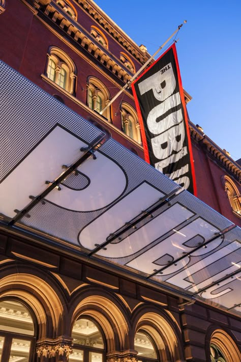 pent Paula Sher, Theater Lobby, The Public Theater, Environmental Graphics Signage, Public Theater, Pentagram Design, Paula Scher, Architectural Signage, Environmental Graphic Design