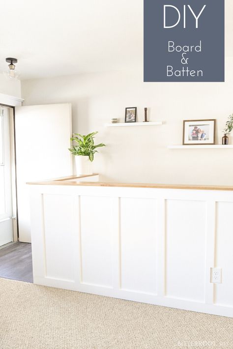 Install DIY board and batten along a half wall to take your home from builder-grade to custom-built.   #entrywayideas #halfwall #ponywall #halfwallideas #entrywayhalfwall #modernfarmhouse #entryway Half Wall Around Stairs, Half Wall Remodel, Half Wall Instead Of Railing, Board And Batten Pony Wall, Board And Batten Half Wall Stairs, Shiplap On Half Wall, Half Wall To Basement Stairs, Half Wall Staircase Decor, Half Stair Wall