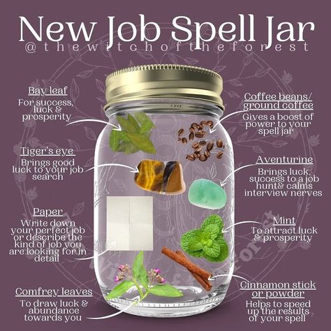 @mysticwitchofthemoon’s Instagram post: “New job spell jar by @thewitchoftheforest for spells jars I keeps them on or near my person or on my altar so I can see and or touch it to…” New Job Witchcraft, Luck Spells Witchcraft Jar, Spell Jars Recipes Protection, Get The Job Spell Jar, Good Luck Rituals, Witchy Spell Jars, New Job Spell Jar, Dream Job Spell, Job Spell Magic