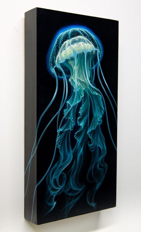 Glowing Jellyfish Painting, Blue Jellyfish Painting, Jelly Fish Painting Black Canvas, Jellyfish Oil Painting, How To Paint Jellyfish, Jellyfish Art Acrylic, Blue Canvas Painting Ideas Easy Diy, Jellyfish Painting Acrylic Easy, Mermaid Painting Ideas