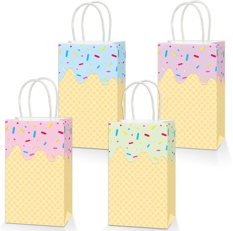 PRICES MAY VARY. Package includes: You'll get 16pcs ice cream gift bags in 4 different designs. The size is 8 x 4.7 x 3 inches/20 x 12 x 8cm. The suitable size of the greenery paper bags can hold party favors, such as cookies, chocolates, candies, toys, snacks, soaps, handicrafts,and small gifts. Premium material: The summer ice-cream goodie bags are made of durable kraft paper, ensuring that they can hold different types of gifts without tearing or breaking. The handles are also well-constructe Sweet One Goodie Bags, Ring Pop Birthday, Ice Cream Themed Party Favors, Candy Land Baby Shower Theme, Ice Cream Theme Birthday Party, Ice Cream Party Favors, Icecream In A Bag, Ice Cream Snacks, Ice Cream Party Theme