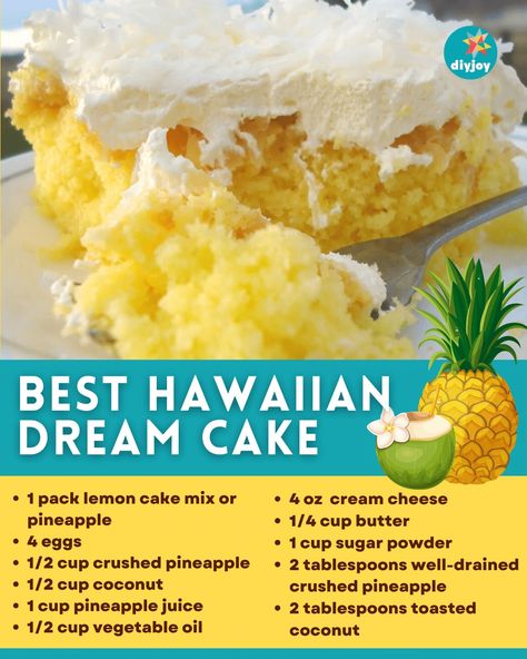 Hawaiian Dream Cake Vanilla Cake With Pineapple Filling, Desserts With Pineapple Recipes, Pineapple Coconut Surprise Cake, Hawaiian Pineapple Cake Recipe, Hawaiian Cake Recipe, Pineapple Coconut Cream Cake, Coconut Pineapple Dream Cake, Hawaiian Carrot Pineapple Cake, Pineapple Coconut Dream Cake