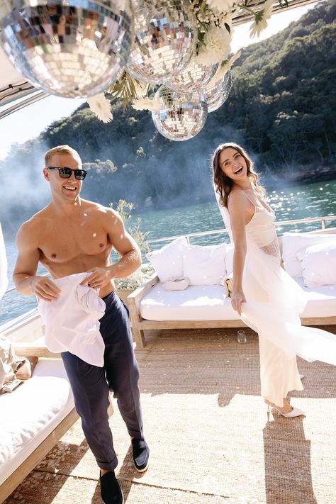 This surprise wedding on Sydney’s glistening Pittwater gave all the very best boat-party vibes. Europe Honeymoon, Yacht Wedding, Rose Bay, Surprise Wedding, Best Boats, Love Boat, Boat Party, Unique Wedding Venues, On A Boat