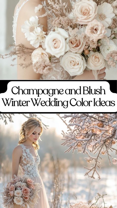 Champagne and blush winter wedding table decor with elegant florals and romantic lighting. Pink Winter Wonderland Wedding, Wedding Colors Schemes Winter, Luxury Wedding Color Palette, Timeless Wedding Decor Romantic, Winter Wedding Theme Colors, Wine And Blush Wedding, Champagne And Sage Wedding, April Wedding Colors Spring, Blush And Champagne Wedding Colors