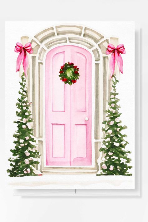 Holiday Greeting Card with a watercolor painting of a pink door with a christmas wreath on the door and two christmas trees with snow and pink bows to the right and left of the pink door Pink Christmas Cards Diy, Pink Front Door Christmas Decor, Aesthetic Christmas Art, Door Ways, Christmas Cards Pink, Vintage Christmas Watercolor, Handpainted Christmas Card, Door Hanger Christmas, Pink Christmas Drawing