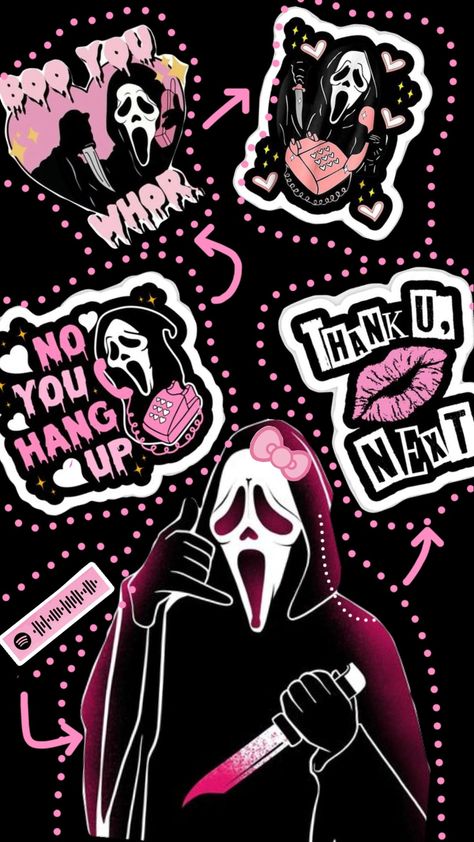 #ghost #pink #black #aesthetic Preppy Scream Wallpapers, Pink Ghost Face Wallpaper Aesthetic, Pink Ghost Face Wallpaper, Pink And Black Halloween Wallpaper, Ghost Face Background, Grunge Lockscreen Aesthetic, Pink Ghostface Wallpaper, Iphone Wallpaper Emo, Welcome Foolish Mortals Sign