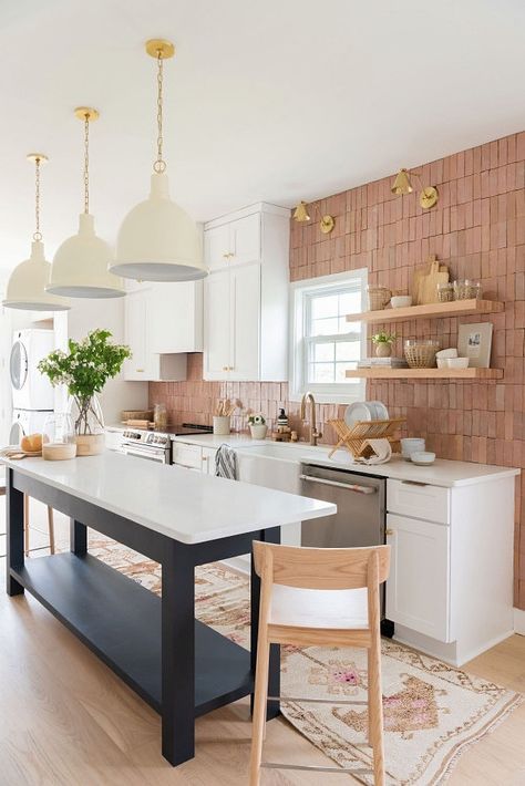 Beautiful Bachelorette Kitchen Delights with Flavorful Style and Charm Back Wall Kitchen With Island, Blush Kitchen, Modern Organic Kitchen, Riad Tile, Boho Bachelorette, Textured Tile, Rental Ideas, Deco Kitchen, Wood And Gold