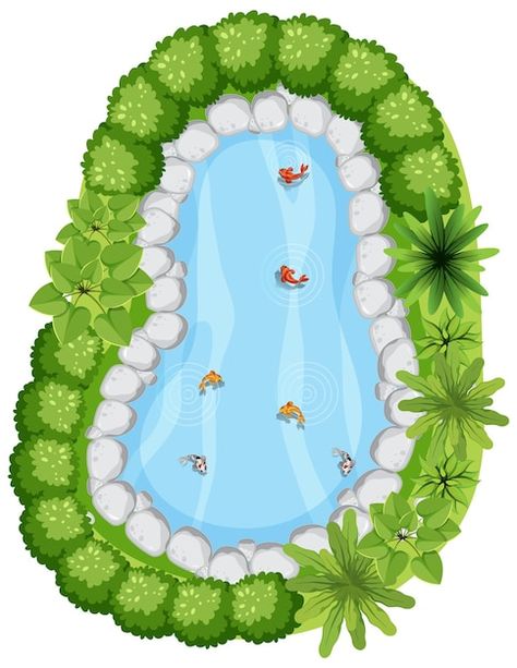 Free vector aerial view with many fishes... | Free Vector #Freepik #freevector #pond #lake #aerial-view #tree-top Fish Pond Illustration, Pond Birds Eye View, Lake Top View, Pond Top View, Fish Pond Drawing, Pond Clipart, Pond With Fish, Lake Drawing, Pond Drawing