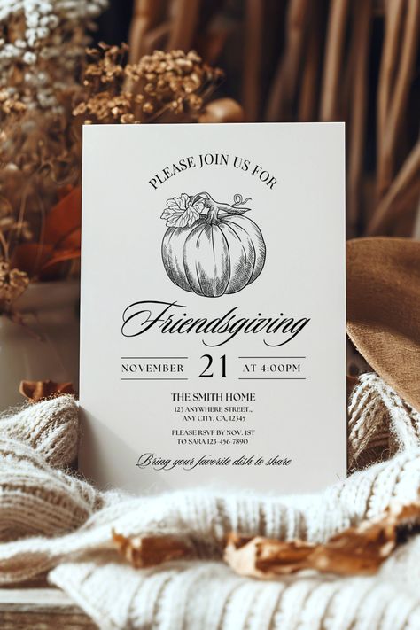 Join us for a cozy Friendsgiving celebration! 🎉🧡 This modern minimalist invite, featuring a charming pumpkin illustration, sets the perfect tone for gathering with loved ones. Easily editable in Canva, customize it to reflect your style and share the joy of the season! 🍂✨ #Friendsgiving #MinimalistInvite#WatercolorInvite #thanksgivingdinner #thanksgivinginvite #friendsgivinginvite #friendsgivingdinner #potluckdinner #turkeydinner #pumpkinpie Friendsgiving Dinner Party Invitation, Friendsgiving Invitations, Potluck Party Invitations, Friendsgiving Dinner Invitation, Friendsgiving Dinner Party, Friendsgiving Invite, Potluck Party, Potluck Dinner, Friendsgiving Party