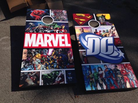 Corn hole...the party classic.  And while you're at it, settle the age old dispute. #Contest #Marvel Marvel Vs Dc Party Ideas, Marvel Vs Dc Party, Diy Yard Games, Marvel Party, Sell Ideas, Senior Graduation Party, Cornhole Board, Corn Hole, Senior Graduation