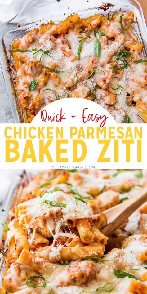 Chicken Parmesan Baked Ziti Rotisserie Chicken Baked Ziti, Chicken Ziti Pasta Recipes, Quick And Easy Chicken Parmesan, Easy Chicken Parmesan Bake, Baked Ziti With Chicken, Chicken Pasta Casserole, Easy Baked Ziti, College Food, Chicken Parmesan Casserole