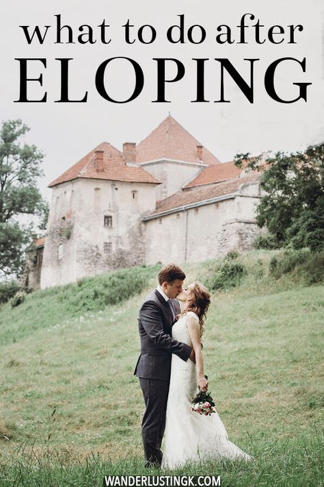 Decided to elope? Your guide on what to do after you elope in terms of notifying your family and hosting the perfect post-elopement reception for family and friends! #elope #weddings #love #eloping Elope Then Reception, Reception Ideas After Eloping, Planning A Reception After Eloping, After Courthouse Wedding Ideas, Elopement And Reception, Wedding Reception After Eloping, Elopement After Party Ideas Receptions, Wedding Party After Elopement, After Elopement Reception