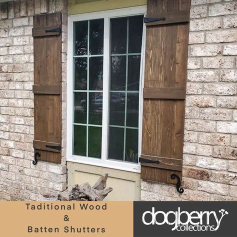 You can’t go wrong with the timeless style of our traditional wood shutters. From a cottage to a rambler, these shutters add something to nearly any style. Made from planks of real Western Red Cedar wood — and stained to your preference — its finished look is hand-crafted yet polished. Choose from several height options to fit each exterior window. Wooden Shutters Exterior, Shutters Brick House, Outdoor Window Shutters, Cottage Shutters, Modern Shutters, Craftsman Style Exterior, Wood Shutters Exterior, Farmhouse Style Exterior, Window Shutters Exterior