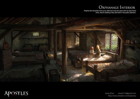 Dnd Orphanage, Orphanage Concept Art, Fantasy Orphanage, Anime Orphanage, Fantasy Inn Aesthetic, Orphanage Fantasy Art, Orphanage Aesthetic, Medieval Manor Concept Art, Medieval Orphanage