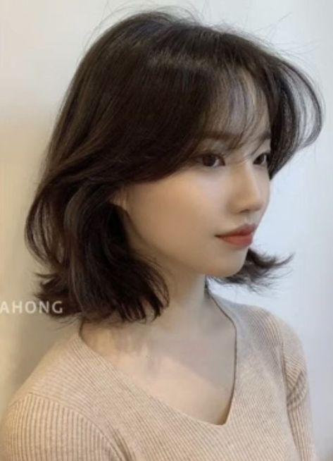 Korean Style Bangs Short Hair, Short Hair With Wispy Bangs Korean, Asian Layered Short Hair, Asian Haircut Short Layered, Hair Cut To Shoulders, Short No Layers Haircut, Cute Shoulder Length Haircuts With Bangs, Medium Hair Bangs Round Face, Korean Short Wavy Hair