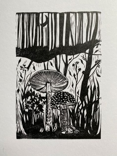 Mushrooms Forest, Moon Flowers, Woodcut Print, Graphic Ideas, Printmaking Art, Woodcuts Prints, Blossoms Art, Wood Cut, Mushroom Art