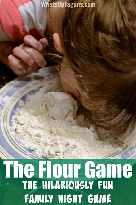 My family used to play this fun family night game when I was a kid. So funny! The Flour Game is the perfect game idea to play indoors, outdoors, for family reunions, or at whatever party. Flour Game, Ward Activities, Family Games Indoor, Family Games To Play, Family Night Ideas, Game Night Ideas, Reunion Games, Family Reunion Ideas, Family Reunion Games