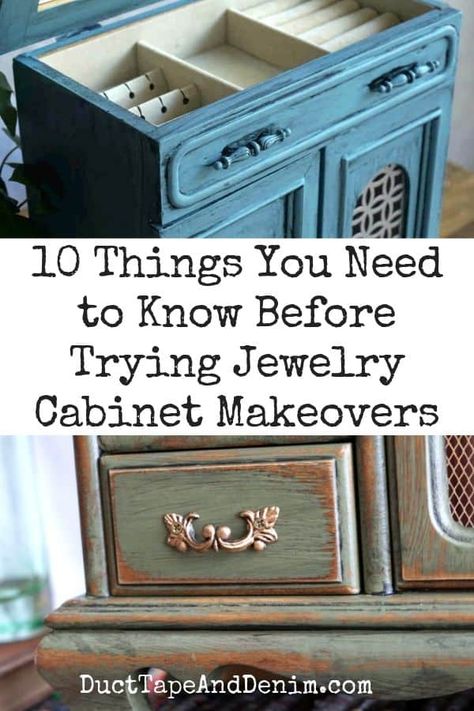 Glam Jewelry Armoire, Jewelry Armoire Redo, Steampunk Jewelry Box Diy, Refinishing Jewelry Armoire, Redoing Jewelry Boxes, Thrift Store Jewelry Upcycle, Jewelry Box Make Over, Refinish Jewelry Armoire, Jewelry Cabinet Diy