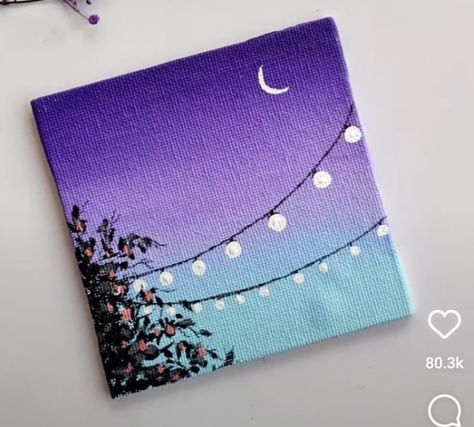 Mini Paintings Simple Easy, Lighting Canvas Painting, Painting Ideas On Mini Canvas Aesthetic, Purple Acrylic Painting Ideas, Senary Drawing Painting, Four Canvas Painting Ideas, 4×4 Canvas Painting, Easy Landscape Drawing Ideas, Cute Art Canvas