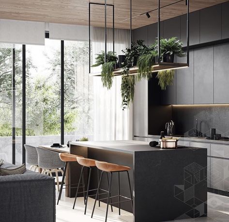 Hanging Shelf Kitchen, Modern Industrial Kitchen, Industrial Kitchen Design, Simple Kitchen Design, Traditional Home Decor, Transitional Decor Living Room, House Design Kitchen, Lighting Design Interior, Simple Kitchen