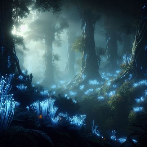 Avatar Glowing Forest, Fantasy Forest Photography, Dark Magical Aesthetic, Fantasy Glowing Forest, Magic Fairy Forest, Fantasy Forest Concept Art, Light Fantasy Aesthetic, Fantasy Forest Aesthetic, Fantasy World Inspiration