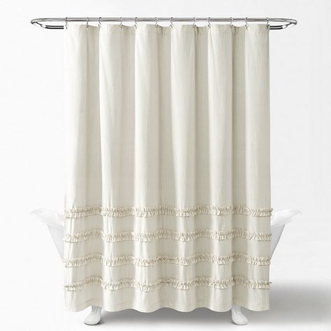 Minimalist Shower Curtain, Neutral Shower Curtains, Dream Homestead, Neutral Curtains, Minimalist Showers, Bathroom Farmhouse Style, Farmhouse Look, Cotton Shower Curtain, Striped Shower Curtains