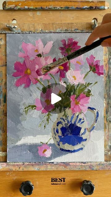 Clare Bowen Art - Plein Air on Instagram: "Cosmos flowers step by step oil painting demo! In a blue & white Portuguese jug. I found these flowers on the side of the road, outside someone’s house being sold for a £1 - a beautiful bargain! Hope you enjoy the vid 🩷💙  Available  9x12” oil on board  * * #oilpainting #allaprima #paintingvideo #paintingvideos #impressionistart #paintingoftheday #oilsketch #artlover #flowerpainting #flowerart #cosmosflower #cosmos #rosemarybrushes @rosemarybrushes  #clarebowenartistflowers" Acrylic Art Tutorials Step By Step, Oil Painting Techniques Step By Step, Oil Painting Tutorial Step By Step, Oil Painting Step By Step, Painting Cosmos, Clare Bowen, Oil Painting Demos, Floral Acrylic Painting, Flowers Step By Step