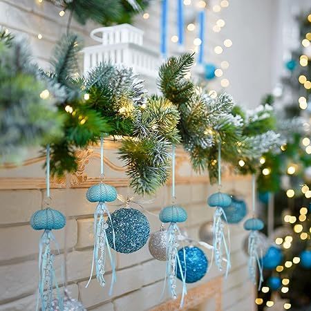 Beachy Christmas Decor, Hanging Jellyfish, Jellyfish Decorations, 2023 Beach, Blue Christmas Decor, Nautical Crafts, Beachy Christmas, Tree Themes, Beach Christmas