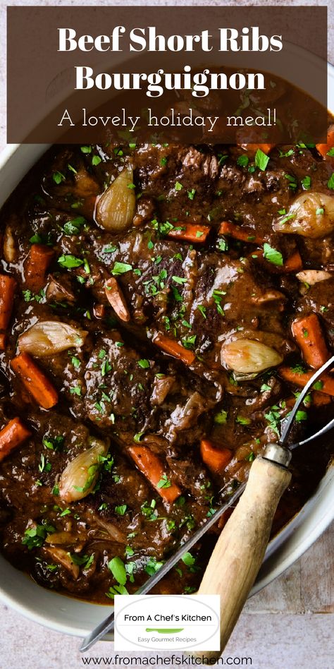 Here's how to do this classic French country beef dish with short ribs! Short Ribs Bourguignon is slow-cooked in red wine along with bacon, onions, carrots, mushrooms and herbs for a deep, rich flavor that complements the beef perfectly. Ina Garden Short Ribs, Marry Me Short Ribs, Short Ribs And Risotto, Chuck Roast Short Ribs, Cozy Recipes Comfort Foods, Braised Short Ribs Dutch Oven, Beef Short Ribs Dutch Oven, Short Ribs In Dutch Oven, Easy Short Ribs Recipe