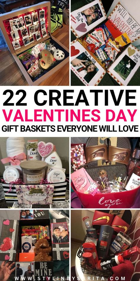 Looking for creative and thoughtful Valentines gift baskets? Here are 22 of the cutest Valentines Day gift basket ideas everyone will love! Men Valentine's Gift Baskets Ideas, Man Valentines Day Gift, Valentine’s Day Gift Basket Ideas For Him, Diy Valentine Gift Baskets Ideas, Valentine's Day Gift Baskets Ideas, Valentines Basket For Wife, Valentine’s Gift Basket Ideas, Valentine Gifts For Couples, Gift Basket Ideas For Girlfriend Valentines Day