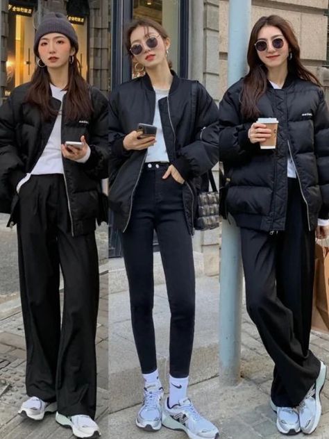 Black Trousers Outfit Korean, Autumn Outfits In Korea Women, Winter Fashion Outfits Korean, Korean Cold Outfits, Mulvan Official, Korean Winter Fashion Outfits, Cropped Puffer Jacket Outfit, Western Winter Fashion, Korea Outfit