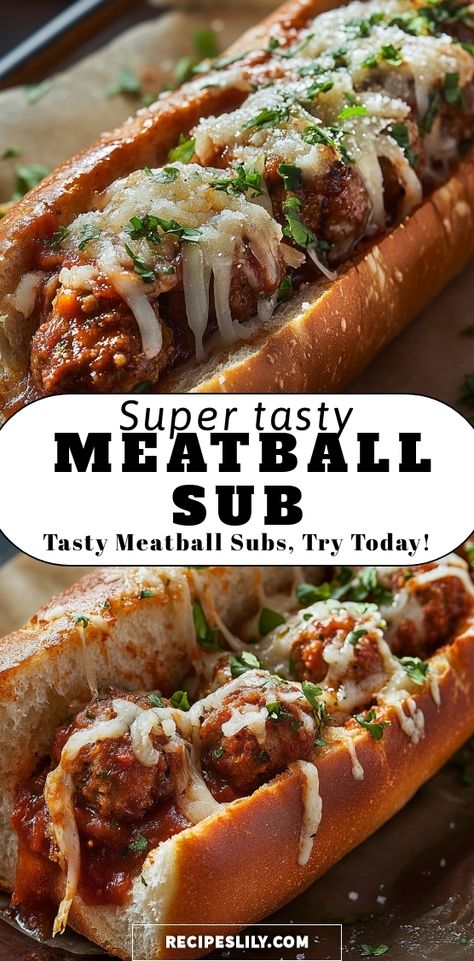 Satisfy your cravings with a delicious homemade meatball sub! Juicy meatballs, tangy marinara, and melted cheese stuffed in a fresh, crispy roll. Perfect for lunch or dinner! Meatball Subs Recipe, Homemade Meatballs For Meatball Subs, Easy Cheesy Meatball Subs, Best Meatball Sandwich Recipe, Meatball Subs Recipes Easy, Best Meatball Sub Recipe, Crockpot Meatballs For Subs, Meatball Party Ideas, Italian Meatball Sandwich Recipes