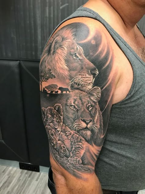 Lion Leg Tattoo, Lions Tattoo, Family Sleeve Tattoo, Lion Shoulder Tattoo, Animal Tattoos For Men, Animal Sleeve Tattoo, Lioness Tattoo, African Tattoo, Lion Tattoo Sleeves