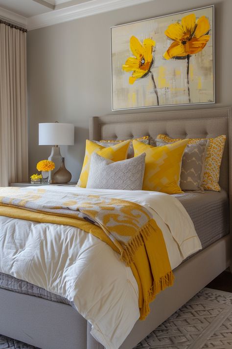 modern-cozy-bedroom-neutral Popular Bedroom Colors, Yellow Gray Bedroom, Beautiful Bedroom Colors, Earthy Bedroom, Rustic Bedroom Decor, Yellow Room, Yellow Bedroom, Bedroom Color Schemes, Bedroom Refresh