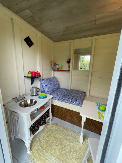 Outhouse turned playhouse for my 4 little grandchildren at our Blue Cottage in Door County. Play Shed, Playhouse Interior Ideas, Kid Backyard, Outdoor Play House, Cottage Playhouse, Playhouse Interior, Shed Playhouse, Playhouse Ideas, Play Area Backyard