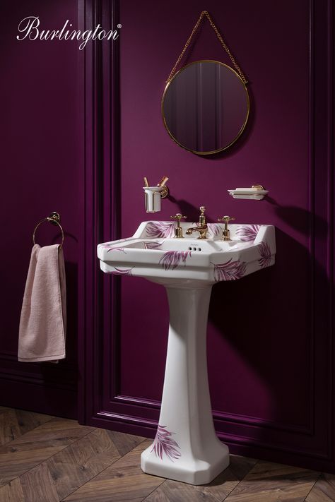 Placing fabulous florals at the forefront, this modern traditional bathroom brings a flair for sophistication with Botanical Pink by Bespoke. Decorated with hand-illustrations created by Julie Ingham, bring your basin space to life with Florals as part of the Bespoke by Burlington collection 🌷. Moody Toilet, Plum Bathroom Ideas, Magenta Bathroom, Wicked Gifts, Dark Purple Bathroom, Plum Bathroom, Bathroom Sanitary, Traditional Bathroom Designs, Wc Design